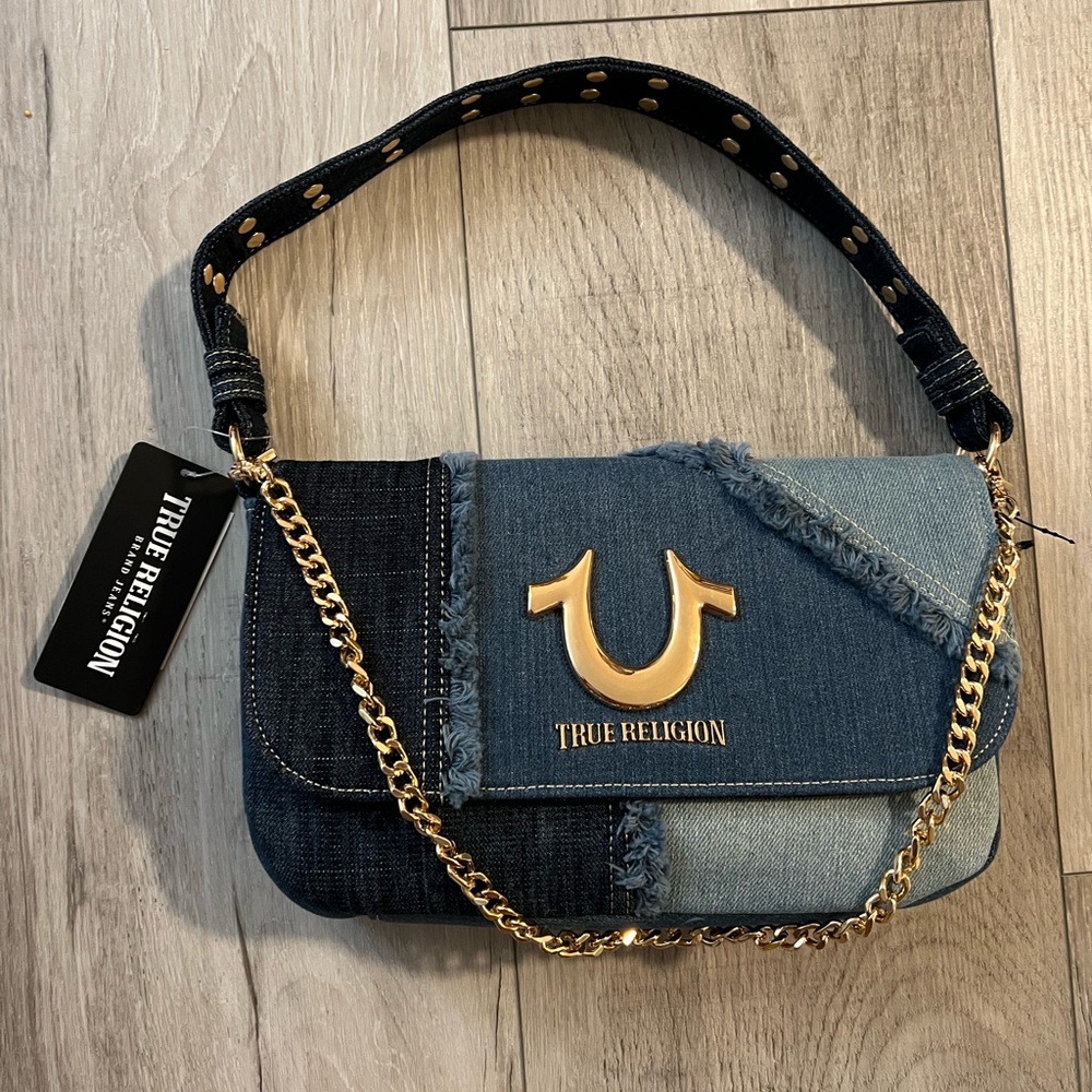 True Religion Denim Patchwork Flap Shoulder Bag with Studded Straps